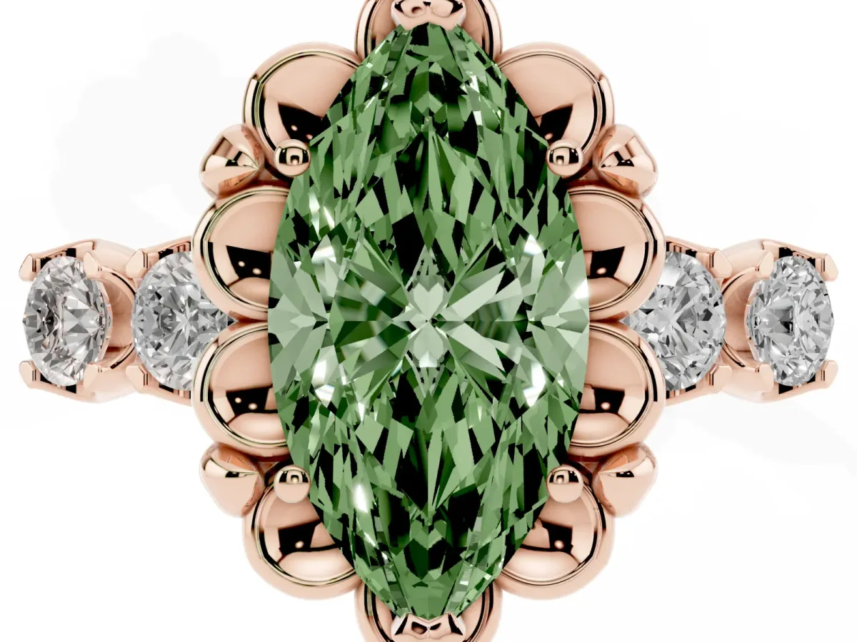 Fancy Green Marquise Cut Cut Diamond Floral Halo Engagement Ring with Shared Prong Setting Rose gold