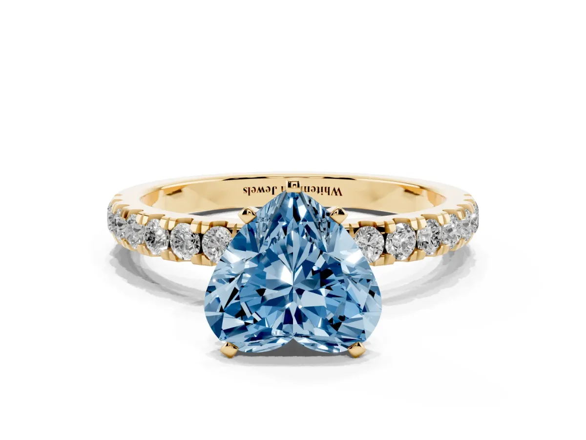 Fancy Blue Heart Cut Diamond Solitaire Ring with Pavé Accents and Four-Prong Setting Yellow gold