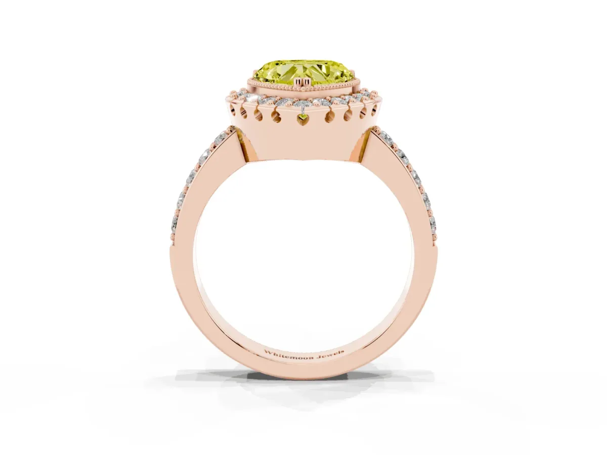 Fancy Yellow Heart Cut Diamond Halo Ring with Pavé Band and Prong Setting Rose gold