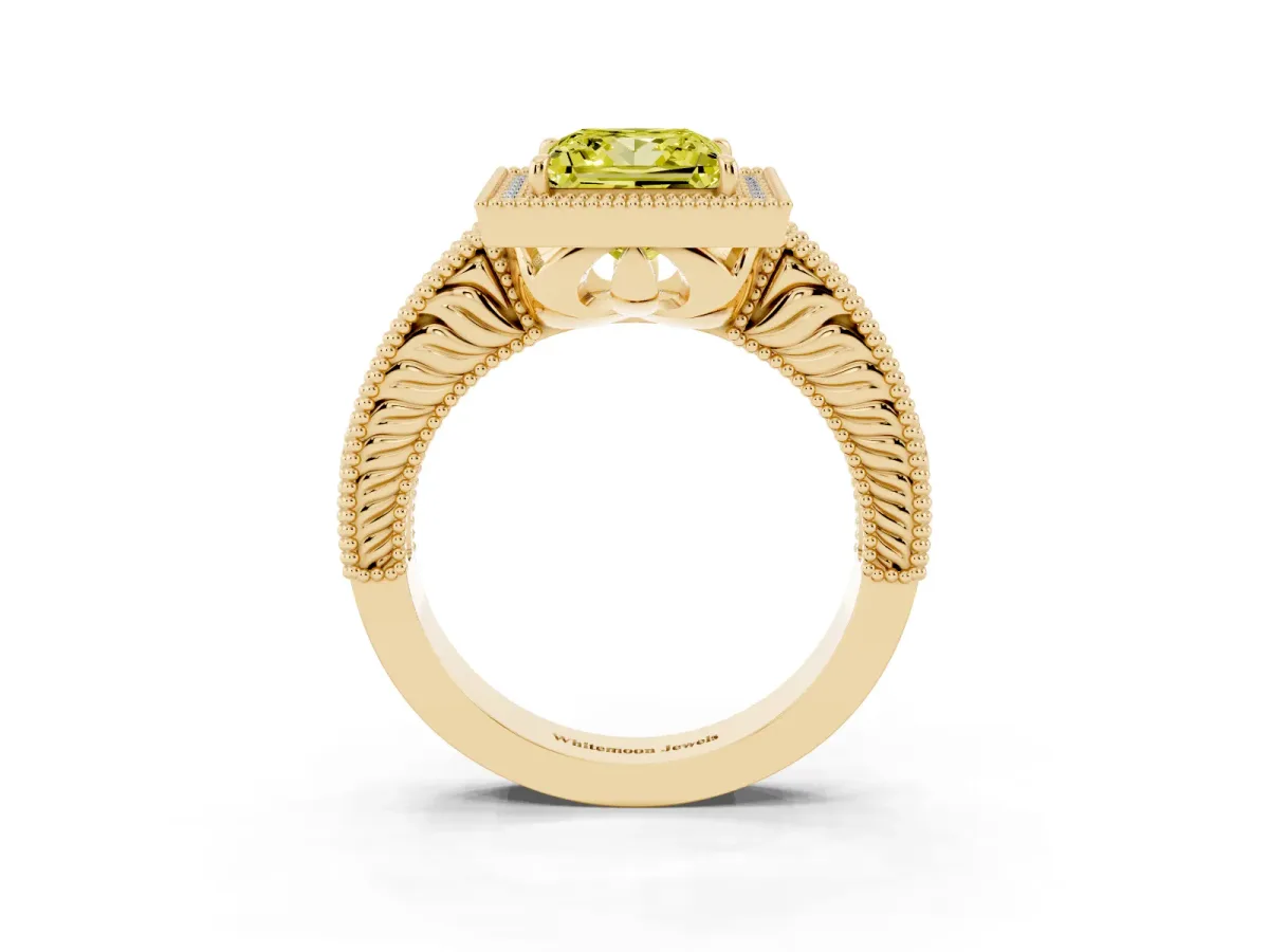 Fancy Yellow Princess Cut Cut Halo Diamond Ring with Pavé Band and Four-Prong Setting Yellow gold