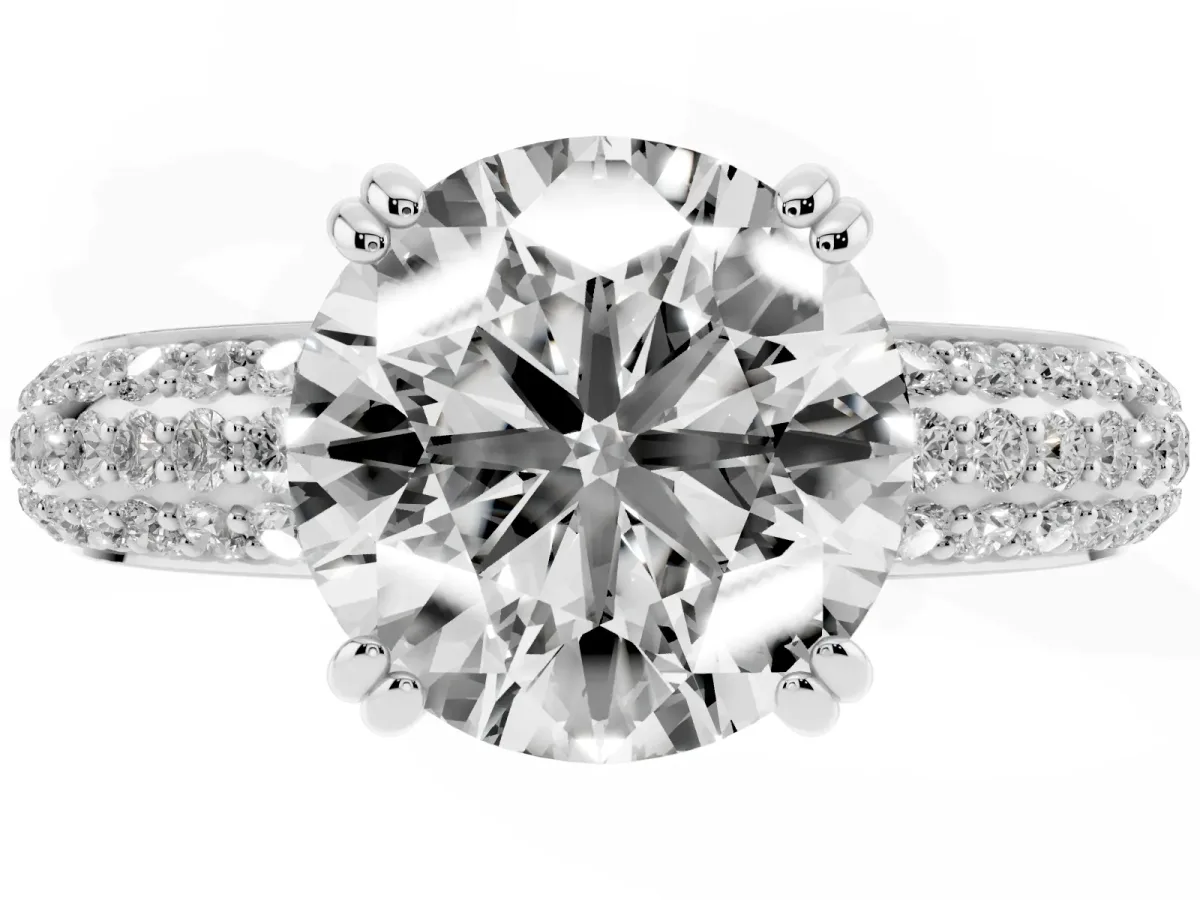 Round Cut Diamond Solitaire Ring with Multi-Row Round Pavé Band and Prong Setting Silver