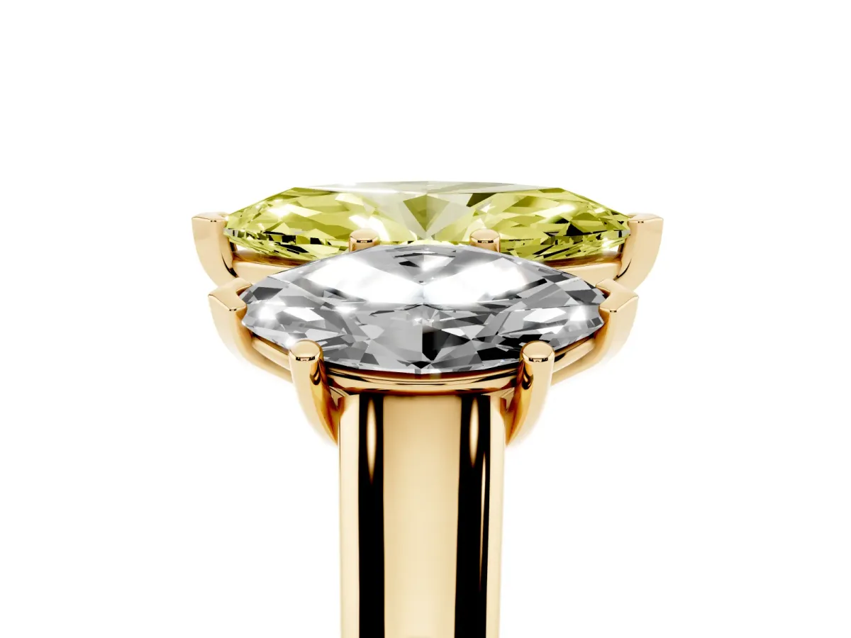 Fancy Yellow Marquise Cut Three-Stone Diamond Ring with Prong Setting on a Classic Band Yellow gold