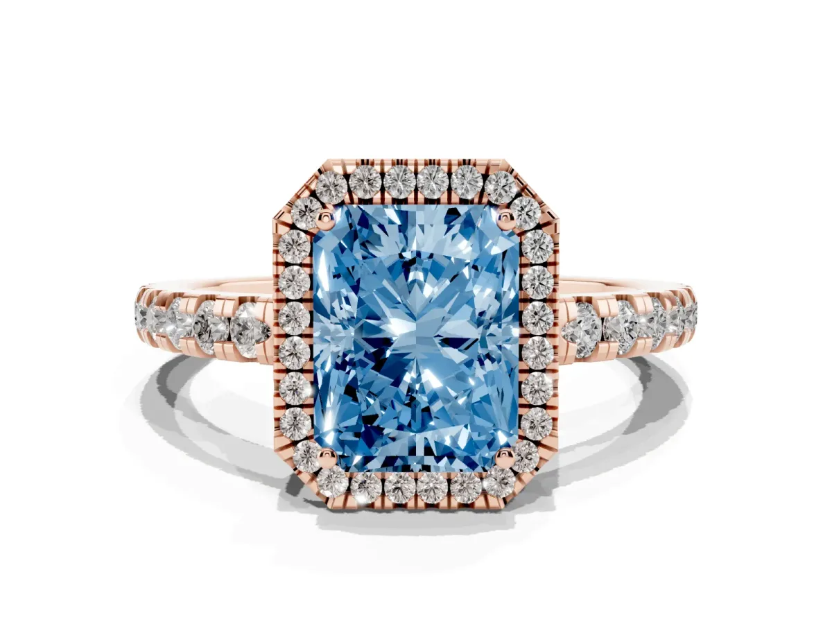 Fancy Blue Radiant Cut Diamond Halo Ring with Pavé Band and Four-Prong Setting Rose gold