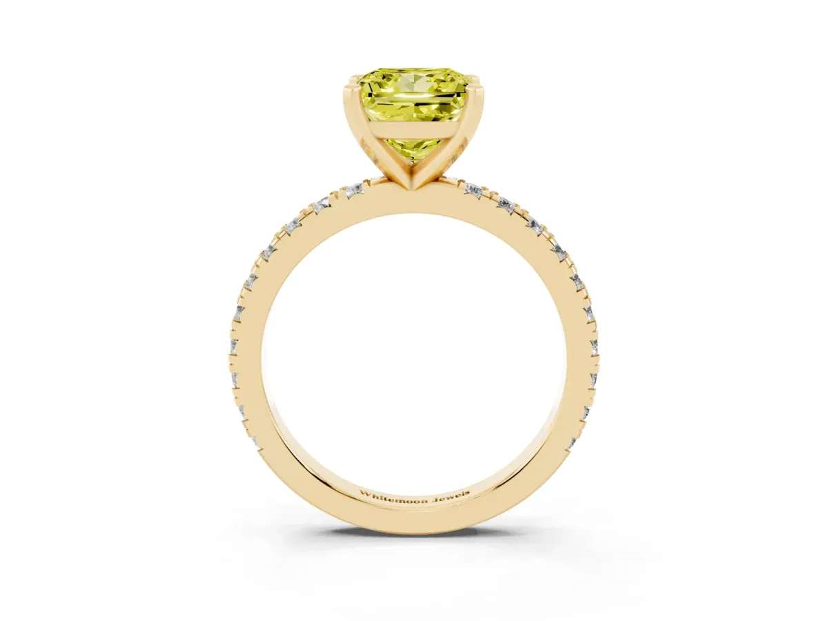 Fancy Yellow Princess Cut Diamond Pavé Band Solitaire with Four-Prong Setting Yellow gold