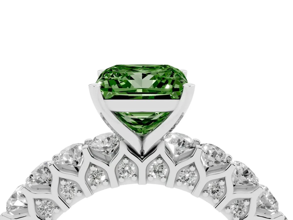 Fancy Green Princess Cut Diamond Solitaire Ring with Shared Prong Pavé Band and Four-Prong Setting Silver