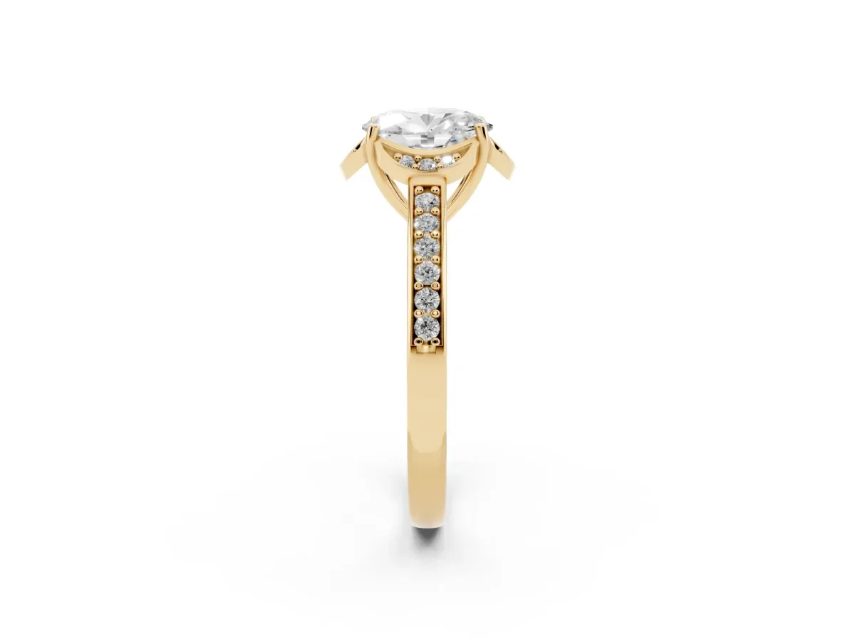 Oval Cut Cut Halo Diamond Ring with Channel Set Band and Four-Prong Setting Yellow gold