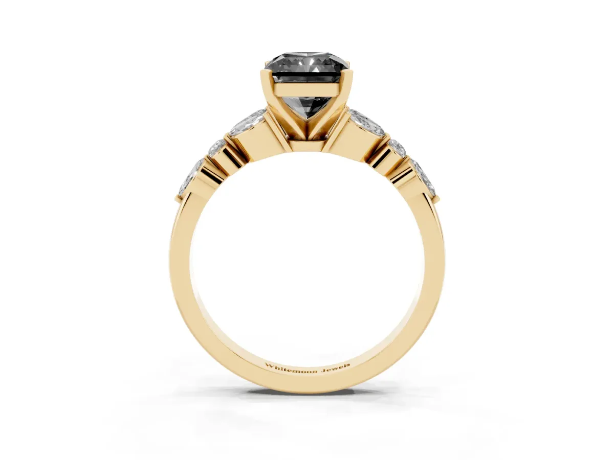 Fancy Black Radiant Cut Diamond Solitaire Ring with Side Stones and Four-Prong Setting Yellow gold