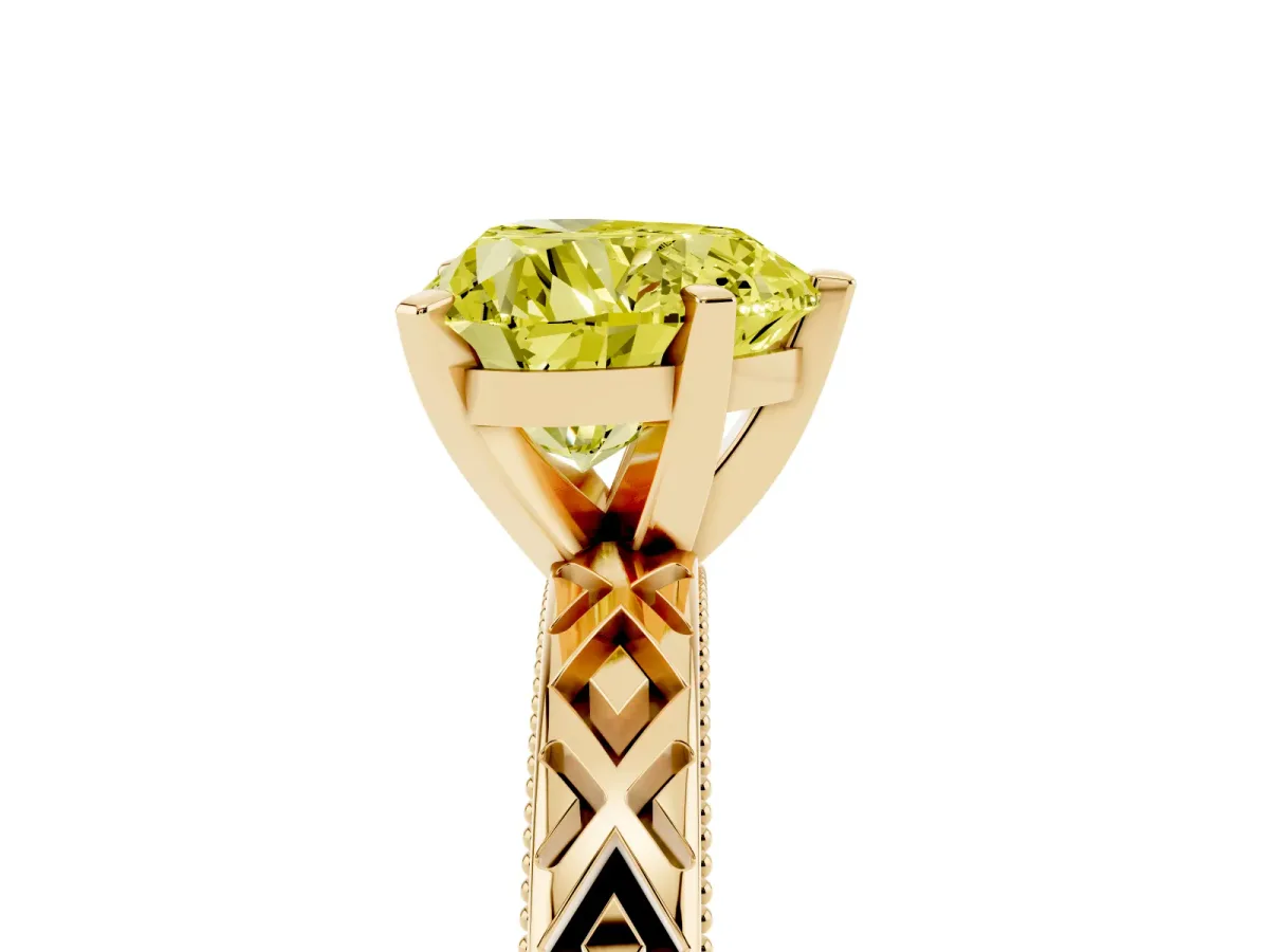 Fancy Yellow Heart Cut Solitaire Diamond Ring with Milgrain and Black Enamel X Pattern Band Yellow gold