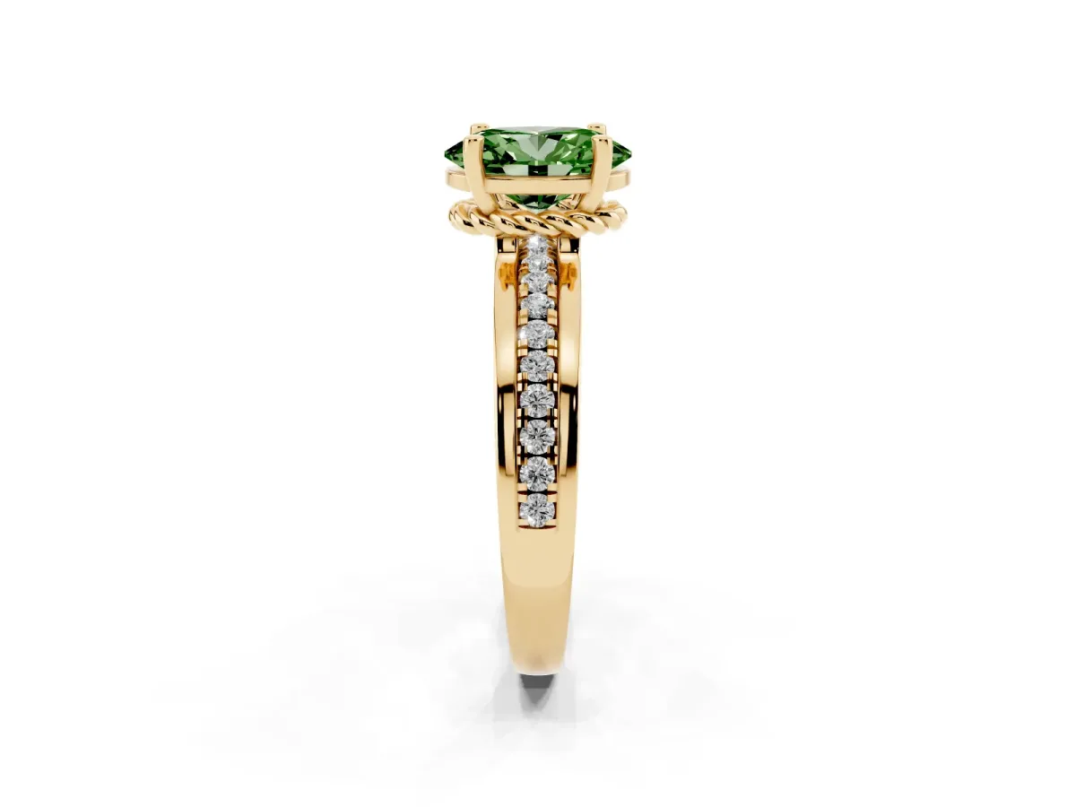 Fancy Green Oval Cut Solitaire Diamond Ring with Channel Set Band and Six-Prong Setting Yellow gold