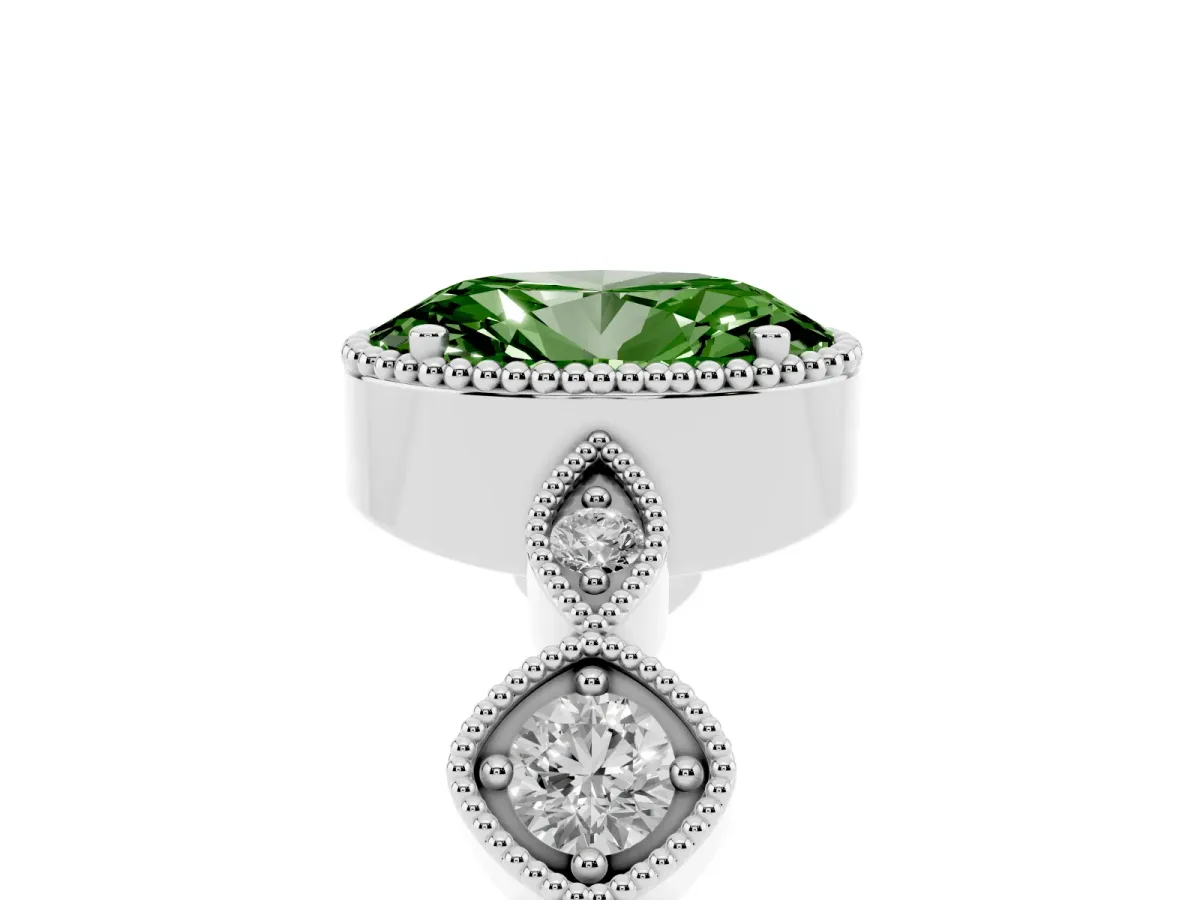 Fancy Green Oval Cut Diamond Vintage Milgrain Ring with Round Stations Platinum