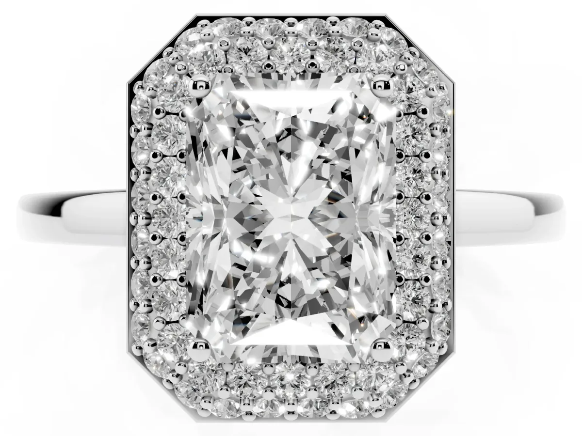 Radiant Cut Halo Diamond Engagement Ring with Solitaire Band and Four-Prong Setting Platinum