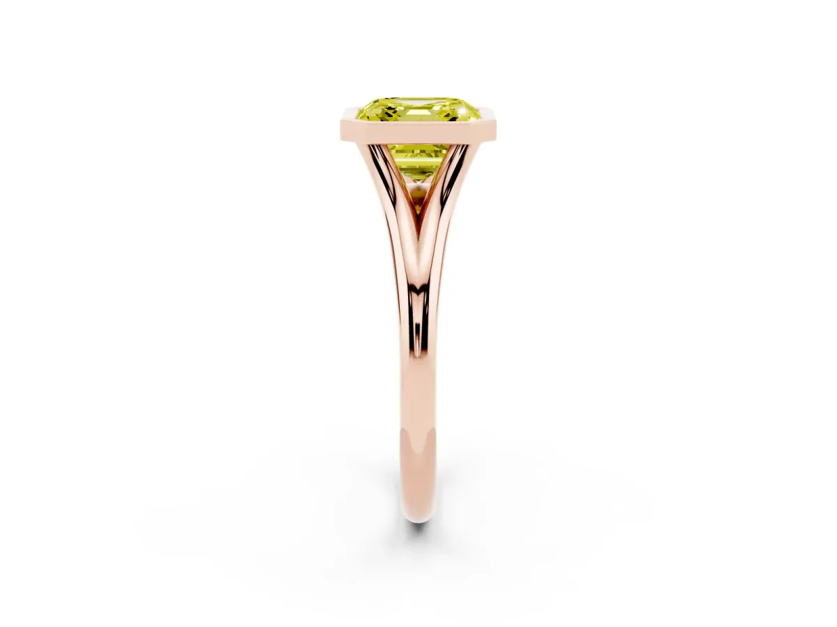 Fancy Yellow Bezel Set Asscher Cut Cut Solitaire Ring with Tapered Band Rose gold