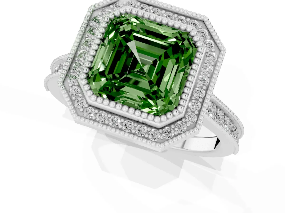 Fancy Green Halo Asscher Cut-Cut Diamond Pave Band Milgrain Prong Setting Ring Platinum