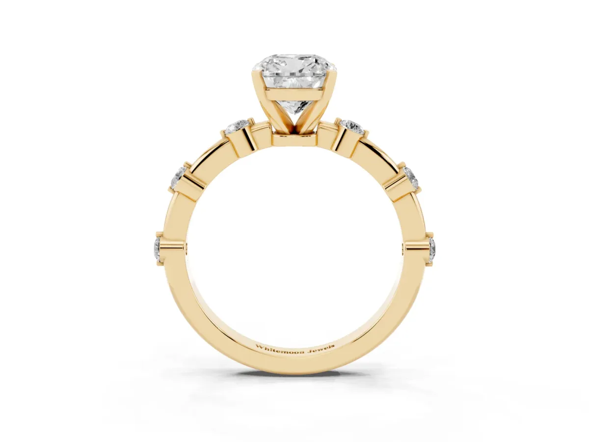 Cushion Cut Solitaire Diamond Ring with Bezel Set Side Stones and Prong Setting Yellow gold