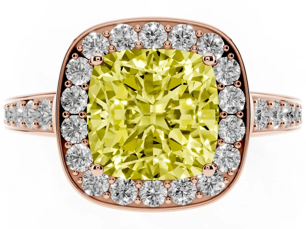 Fancy Yellow Cushion Cut Halo Pavé Diamond Engagement Ring with Bezel Setting Rose gold