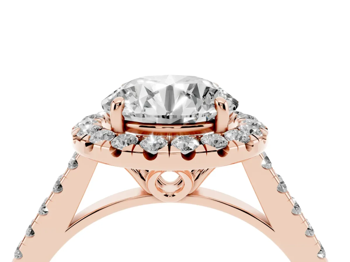Round Cut Halo Pavé Diamond Engagement Ring with Four-Prong Setting Rose gold