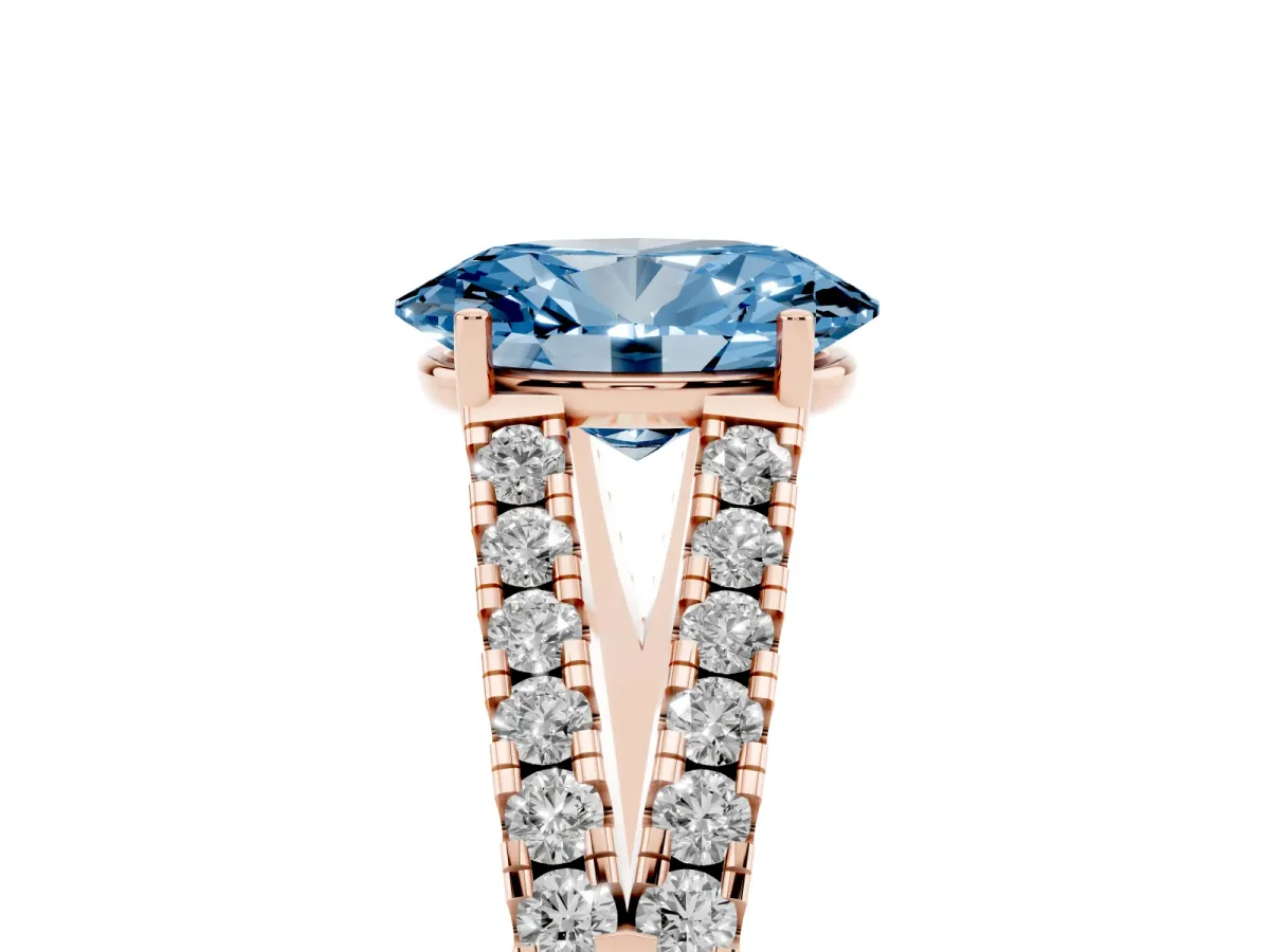 Fancy Blue Oval Cut Diamond Split Shank Pavé Engagement Ring with Four-Prong Setting Rose gold