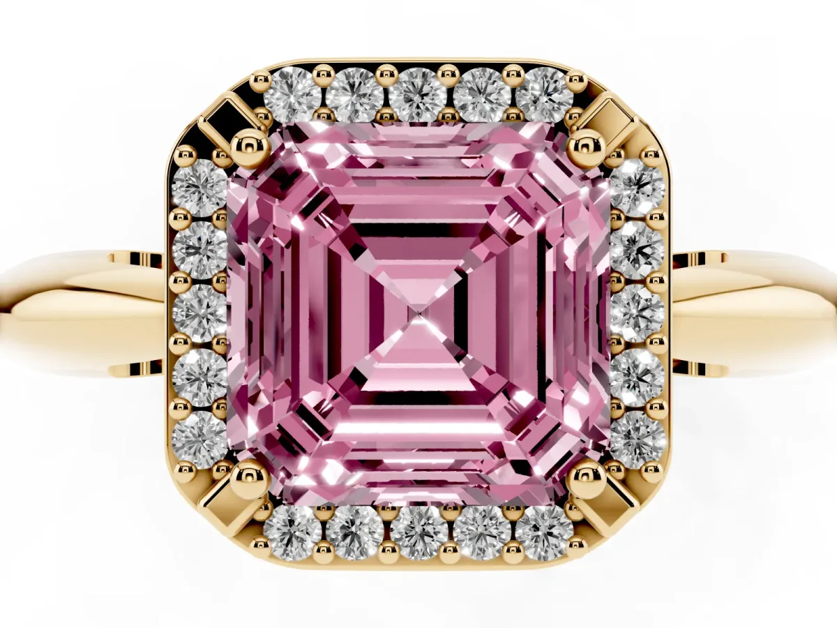 Fancy Pink Asscher Cut Cut Diamond Halo Engagement Ring with Split Shank and Four-Prong Setting Yellow gold