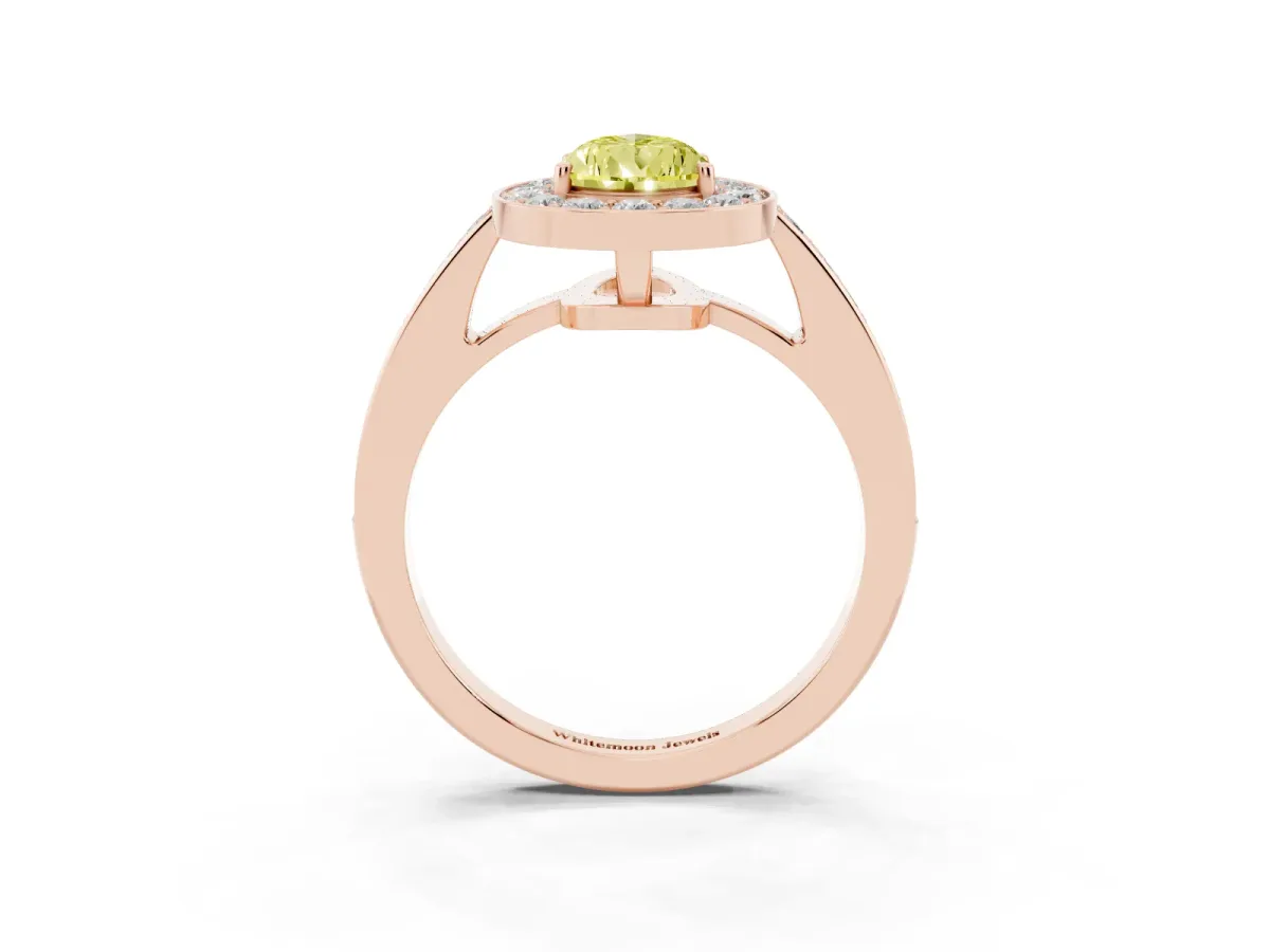 Fancy Yellow Pear Cut Halo Pavé Diamond Engagement Ring with Bezel Setting Rose gold