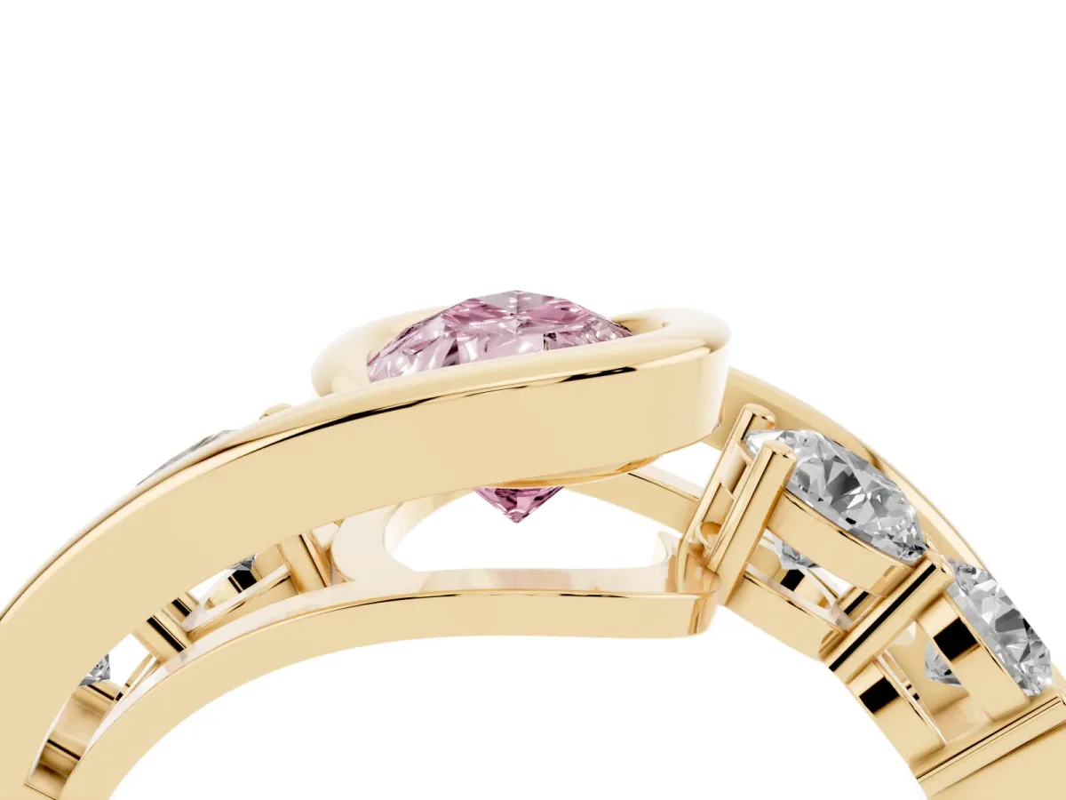 Fancy Pink Bezel Set Pear Cut Diamond Bypass Ring with Round Accents Yellow gold