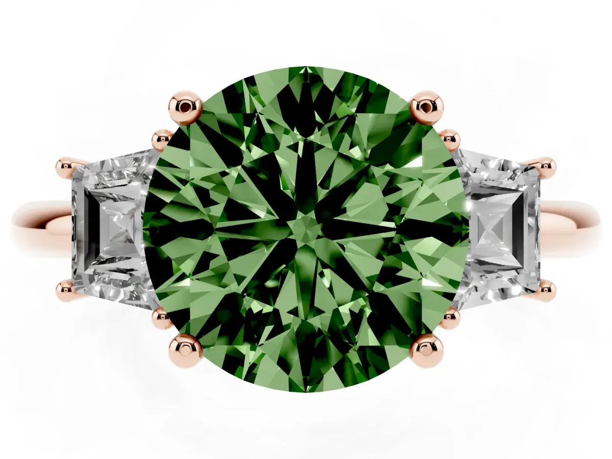 Fancy Green Round Cut Diamond Three-Stone Ring with Trapezoid Side Stones and Prong Setting Rose gold