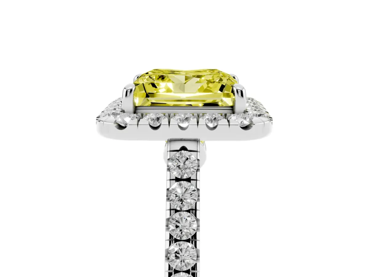 Fancy Yellow Princess Cut Halo Pave Diamond Engagement Ring with Four-Prong Setting Platinum