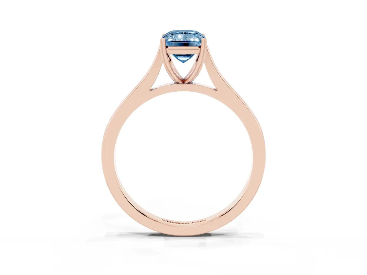 Fancy Blue Emerald Cut Solitaire Heart Prong Engagement Ring with Tapered Band Rose gold