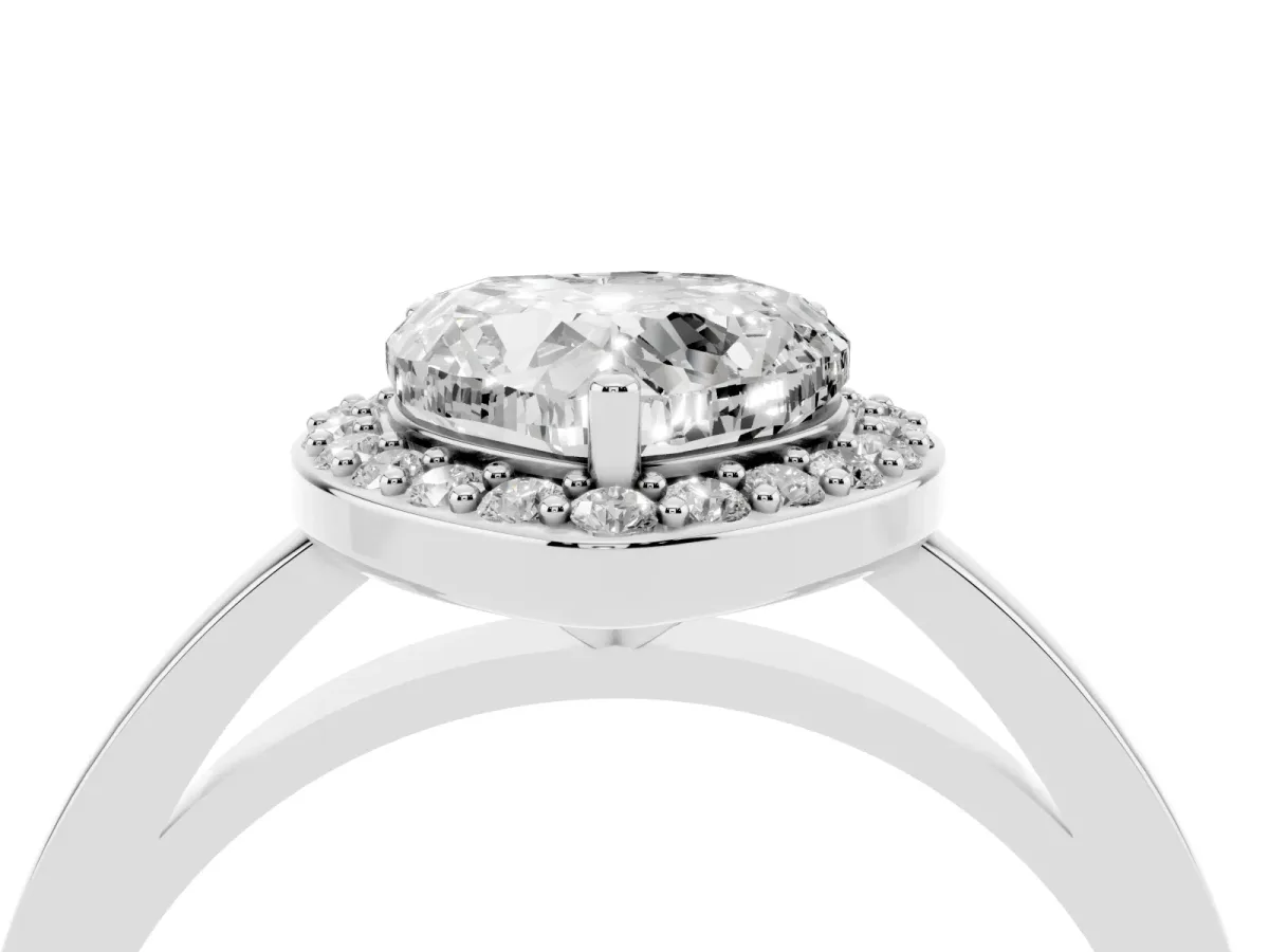 Heart Cut Halo Diamond Ring with Solitaire Band and Prong Setting Silver