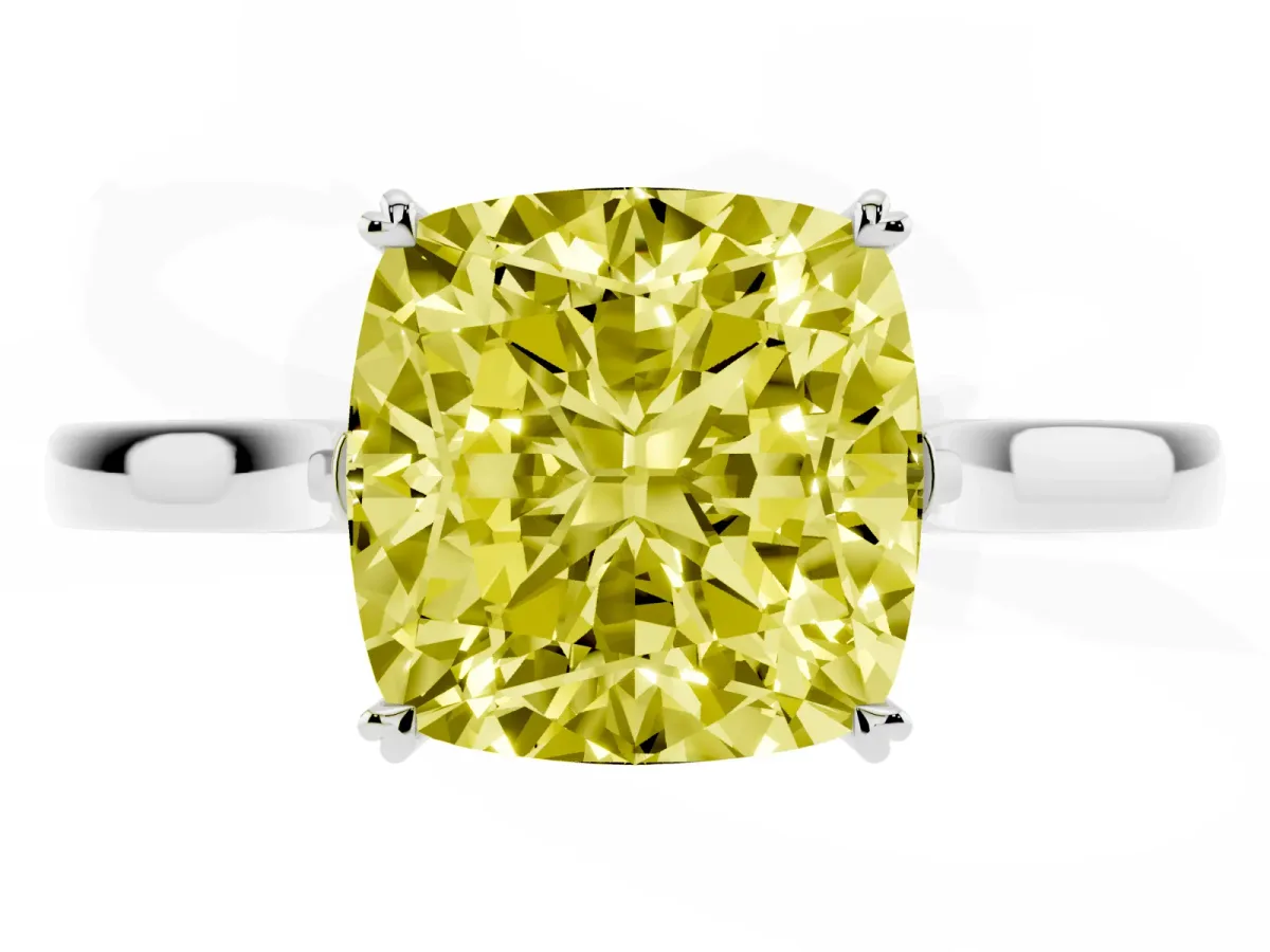 Fancy Yellow Cushion Cut Solitaire Heart Prong Engagement Ring with Tapered Band Silver