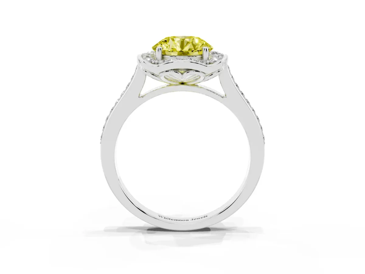Fancy Yellow Round Cut Halo Round Diamond Pave Band with Four-Prong Setting Platinum