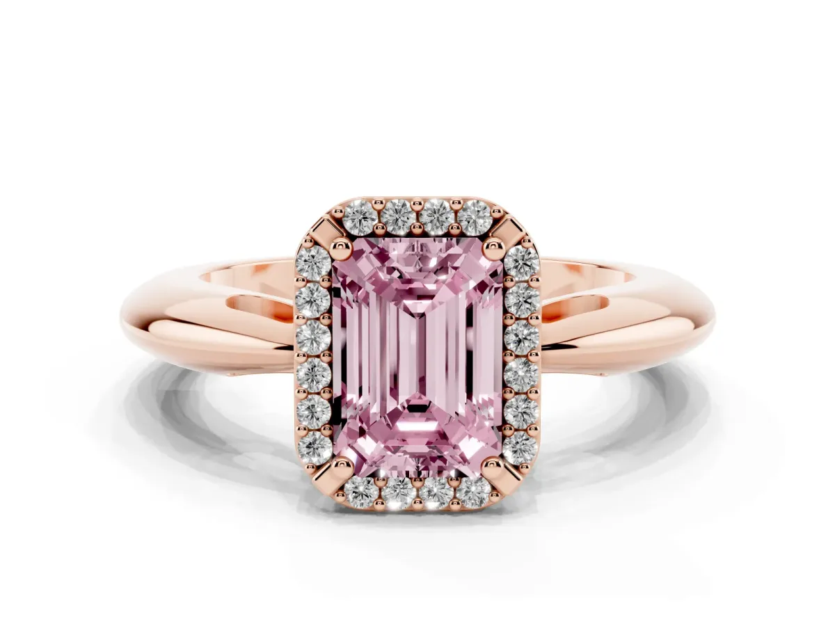 Fancy Pink Emerald Cut Cut Diamond Halo Engagement Ring with Split Shank and Four-Prong Setting Rose gold