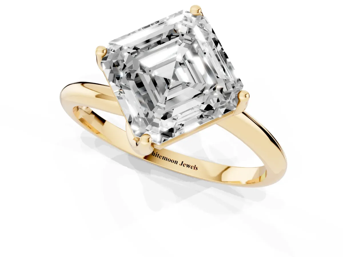 Asscher Cut Diamond Solitaire Engagement Ring with Four-Prong Setting and Classic Band Yellow gold