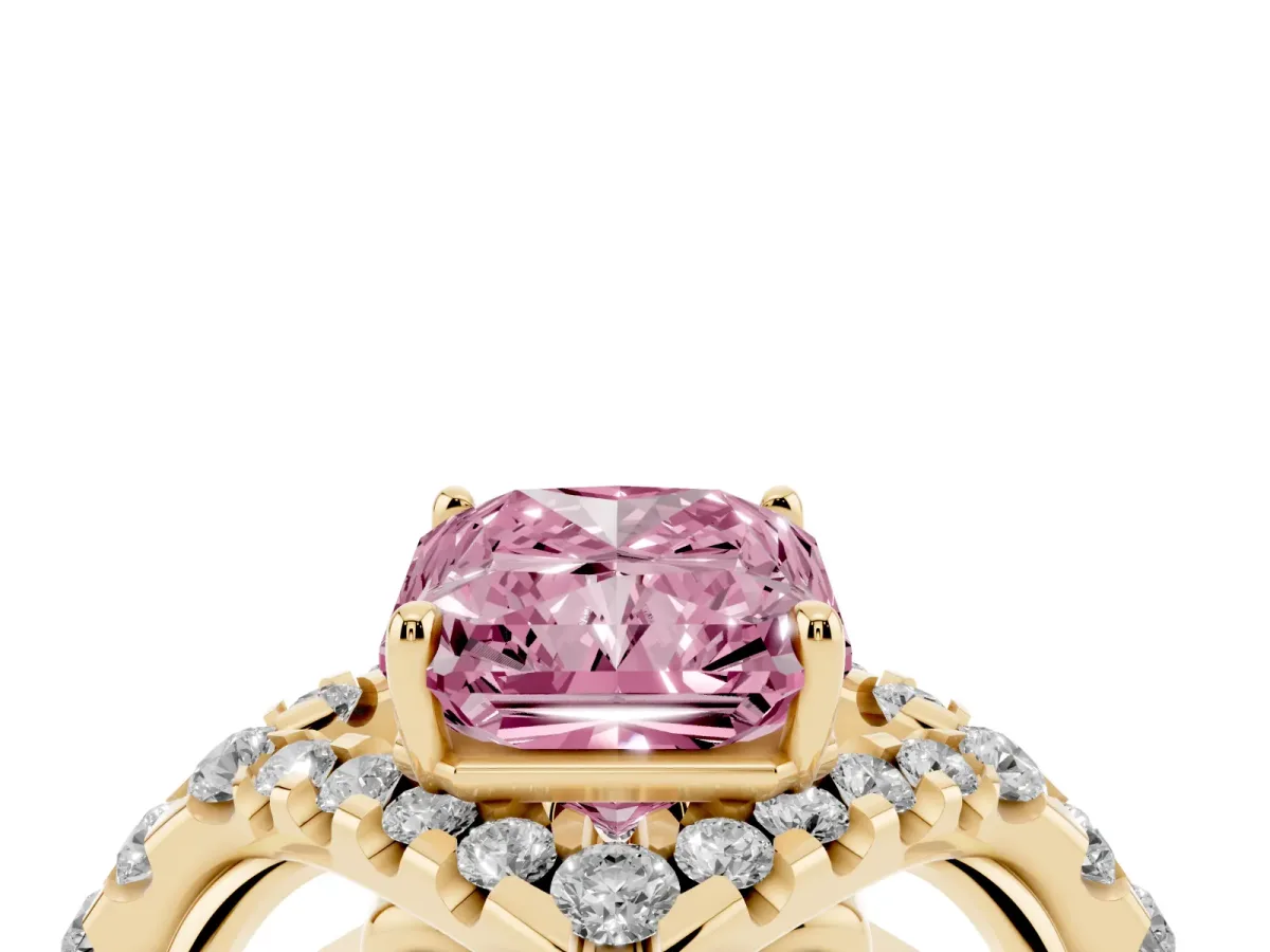 Fancy Pink Radiant Cut Diamond Solitaire Ring with Hidden Halo and Pavé Band Yellow gold