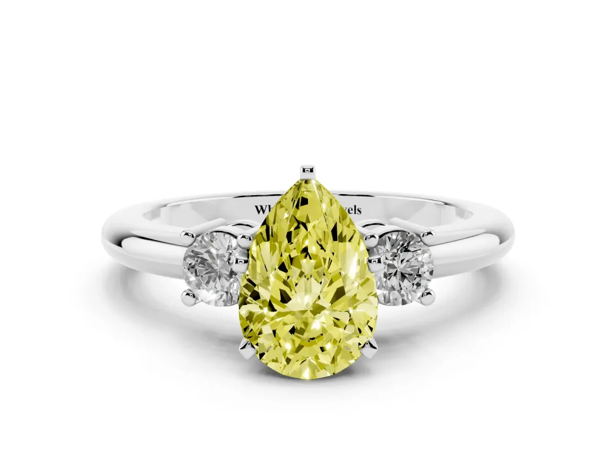 Fancy Yellow Three-Stone Pear Cut Cut Diamond Solitaire with Prong Setting and Classic Band Silver
