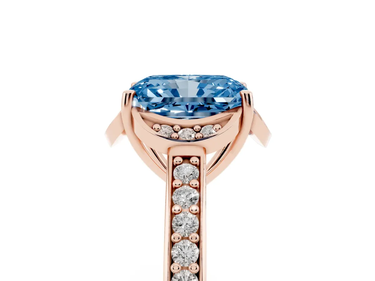 Fancy Blue Radiant Cut Cut Halo Diamond Ring with Channel Set Band and Four-Prong Setting Rose gold