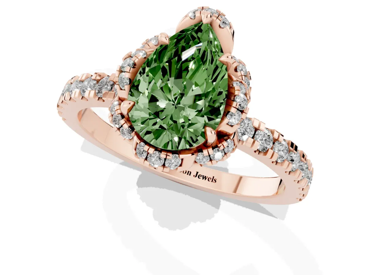 Fancy Green Pear Cut Halo Diamond Pave Band Ring with Four-Prong Setting Rose gold