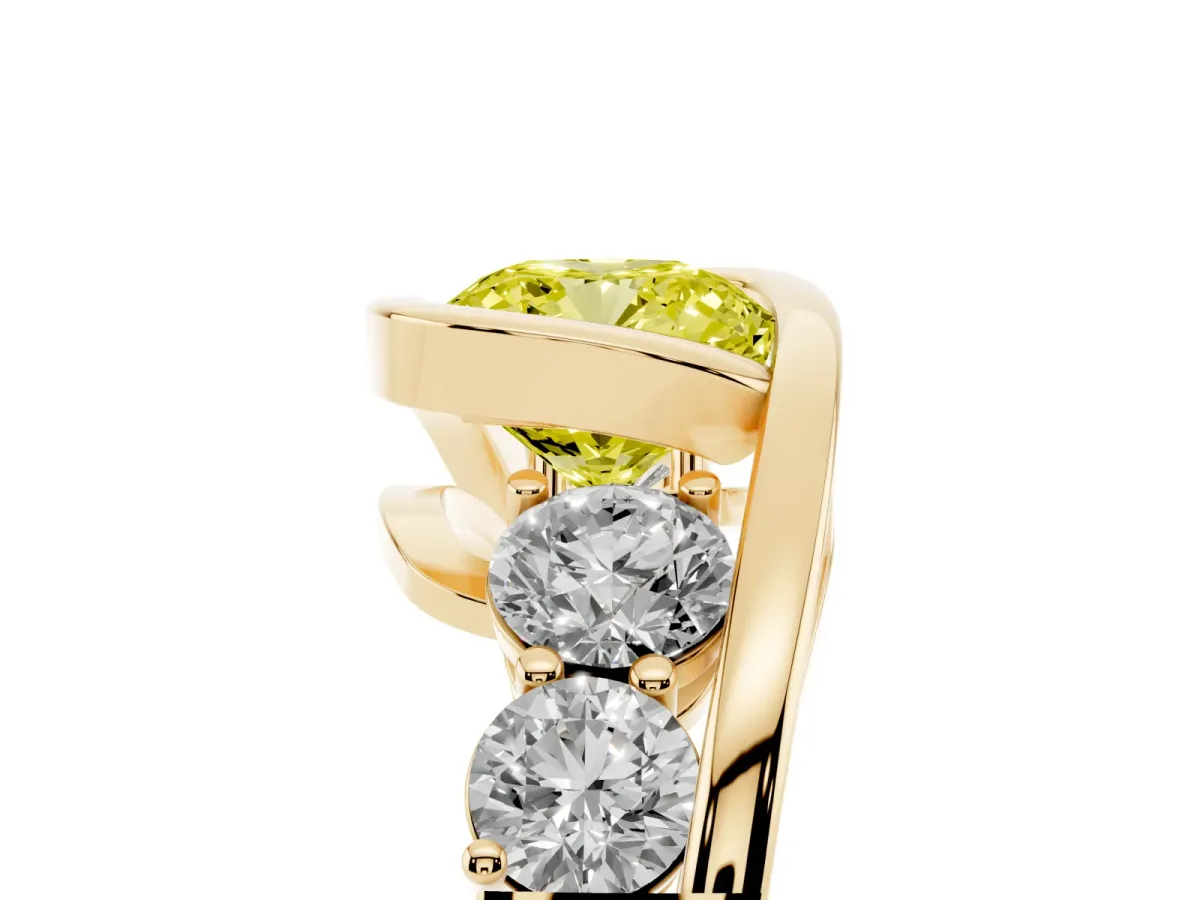 Fancy Yellow Bezel Set Cushion Cut Diamond Bypass Ring with Round Accents Yellow gold
