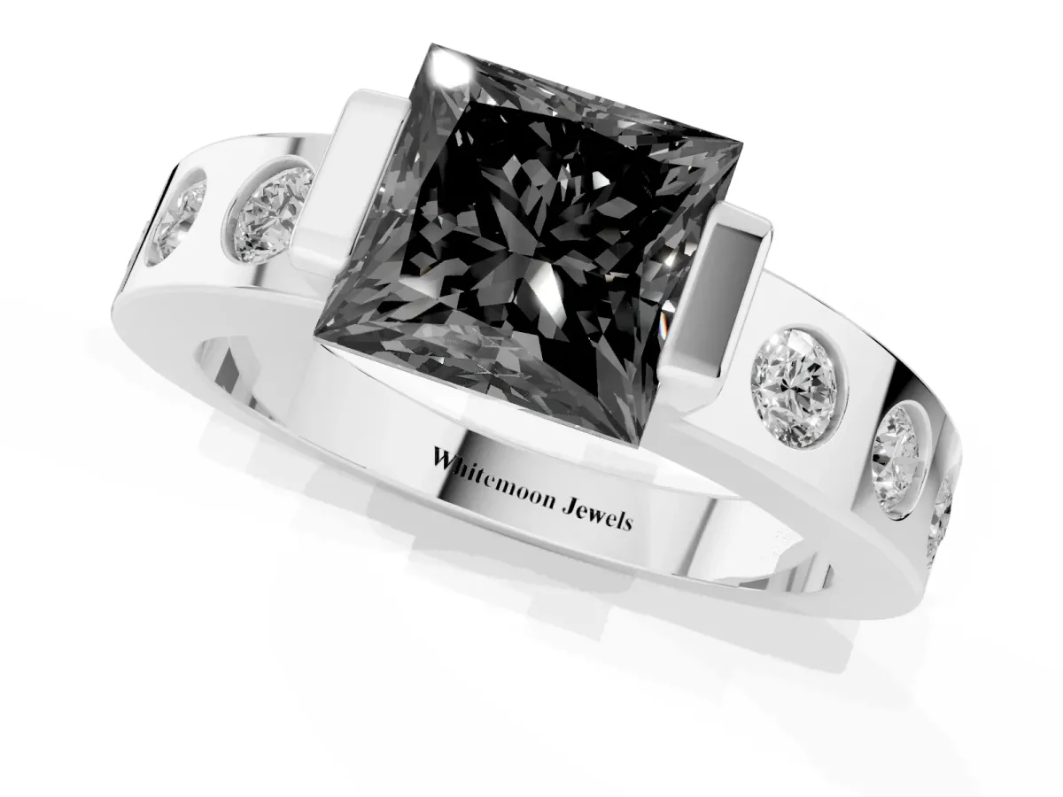 Fancy Black Princess Cut Brilliant Channel-Set Diamond Ring with Bezel Prong Setting Silver