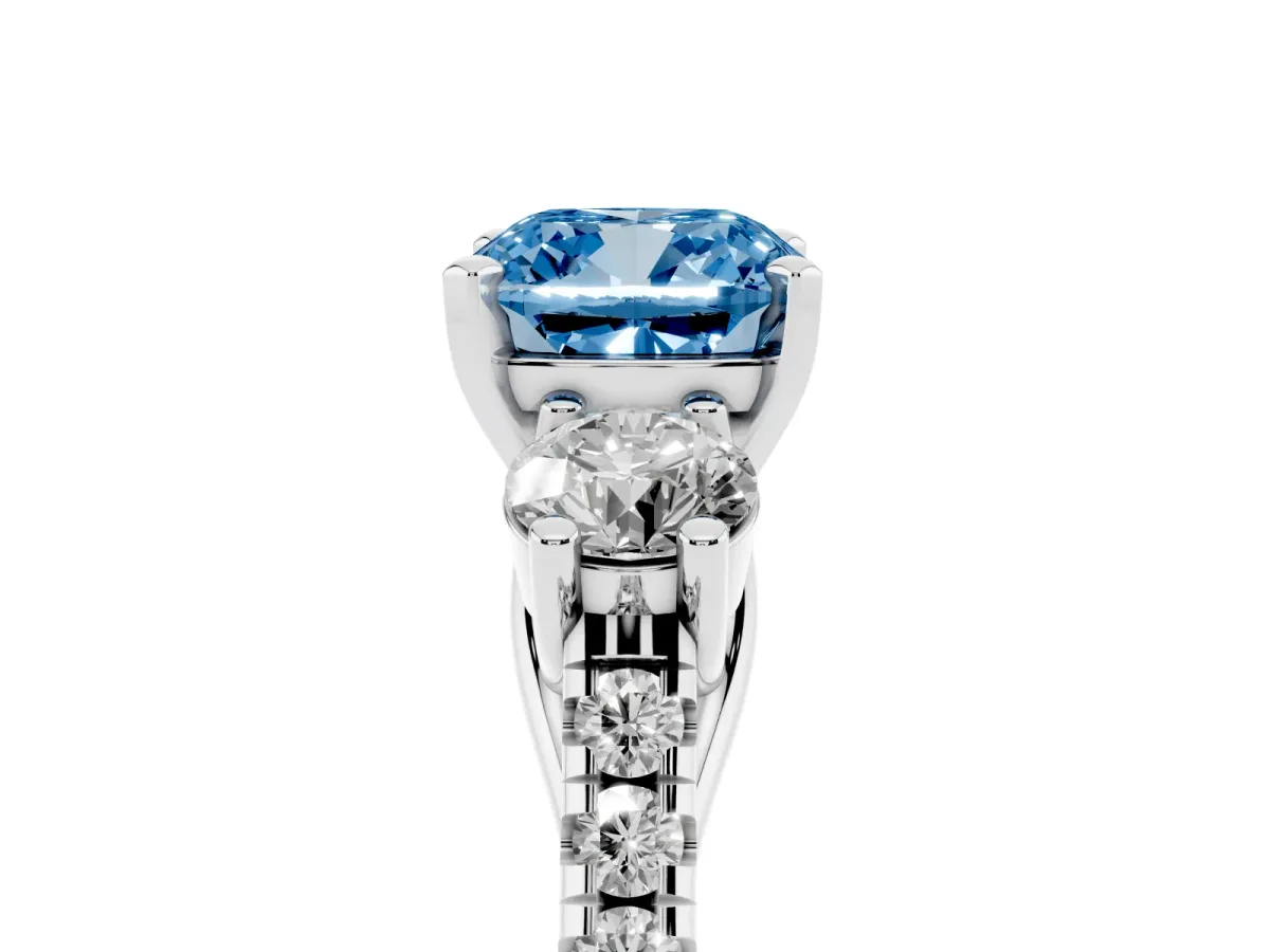 Fancy Blue Three-Stone Cushion Cut Diamond Pavé Band with Four-Prong Setting Silver