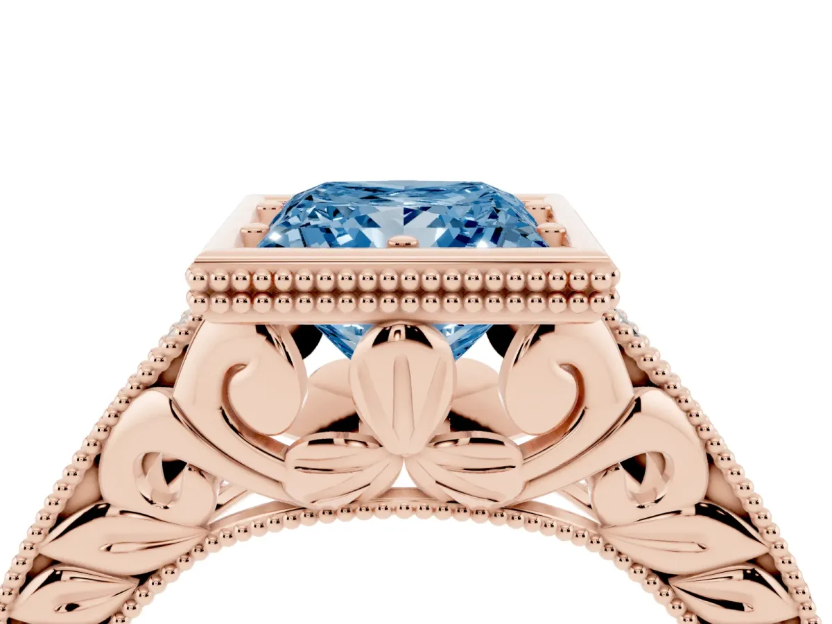 Fancy Blue Bezel Set Princess Cut Diamond Milgrain Pave Engagement Ring Rose gold