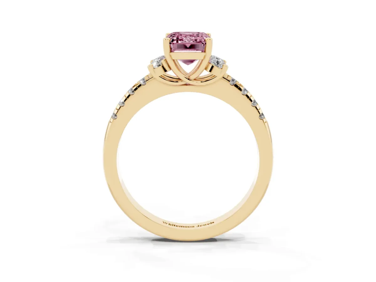 Fancy Pink Emerald Cut Diamond Three-Stone Pave Band with Four-Prong Setting Yellow gold