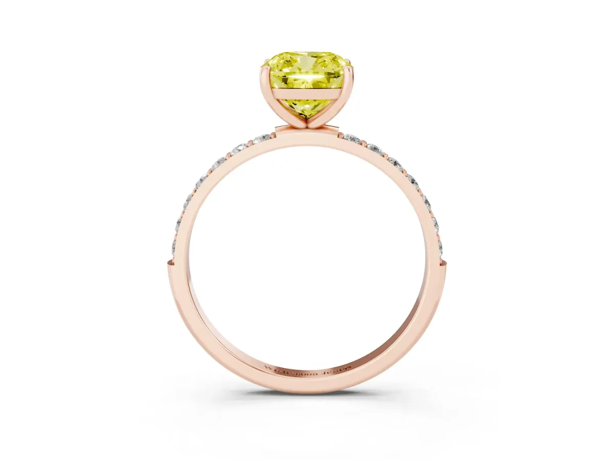 Fancy Yellow Cushion Cut Diamond Solitaire Ring with Round Pavé Shoulders and Prong Setting Rose gold
