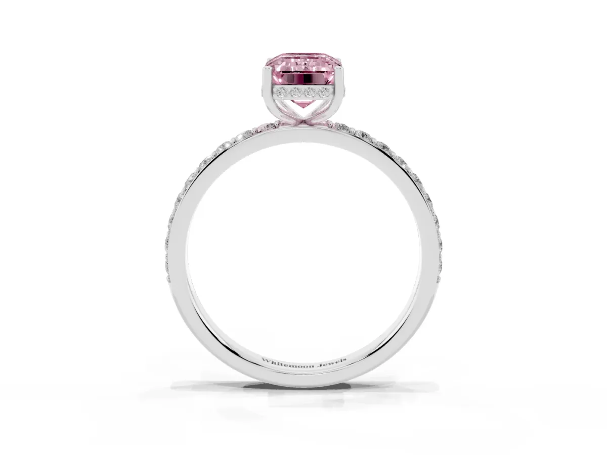 Fancy Pink Emerald Cut Diamond Solitaire Ring with Pavé Band and Hidden Halo Silver