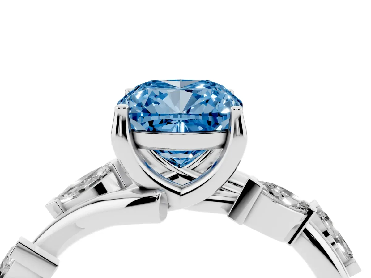 Fancy Blue Cushion Cut Solitaire Twisted Band Marquise Accent Prong Setting Ring Platinum