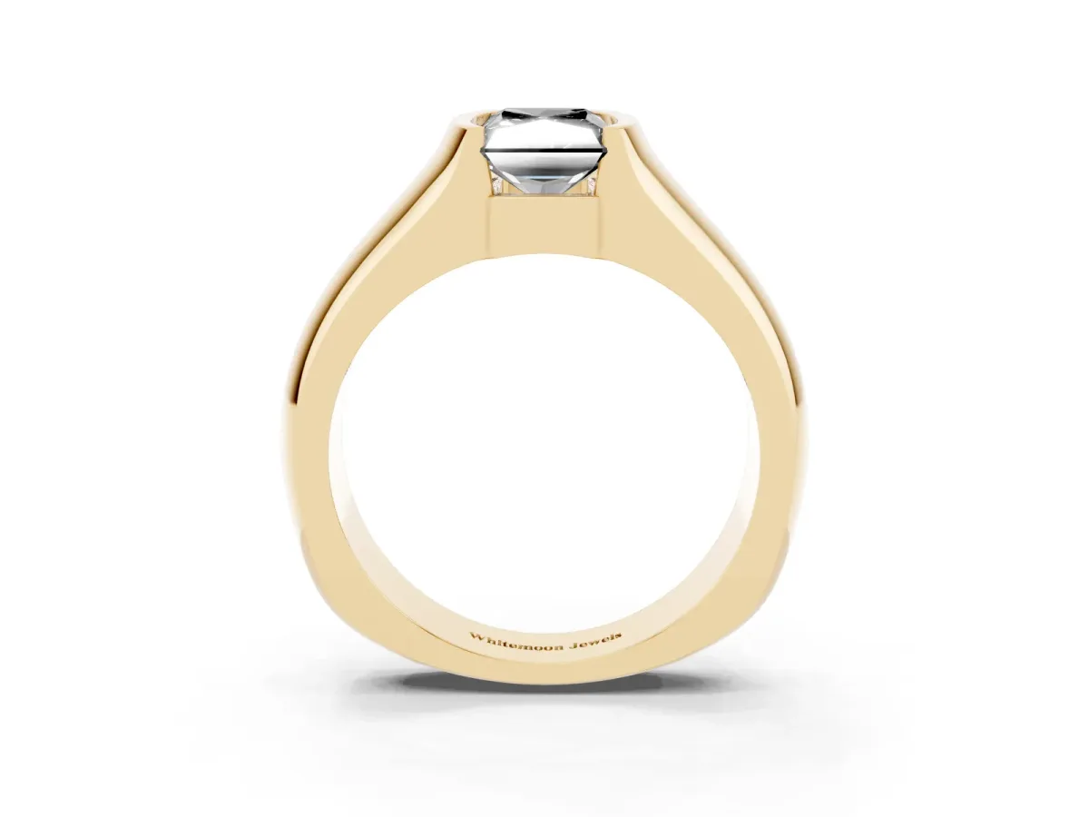 Fancy Black Radiant Cut Solitaire Bezel Set Diamond Ring with Wide Band Yellow gold
