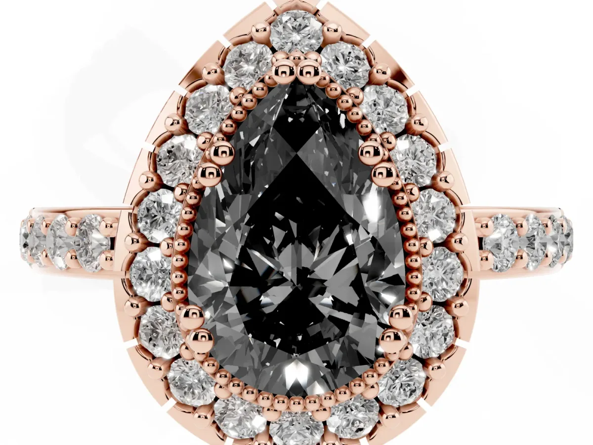Fancy Black Pear Cut Diamond Halo Ring with Pavé Band and Prong Setting Rose gold