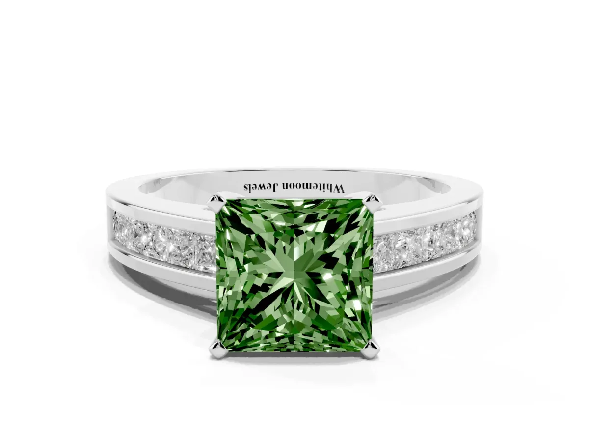 Fancy Green Princess Cut Solitaire Diamond Ring with Channel-Set Band and Four-Prong Setting Platinum