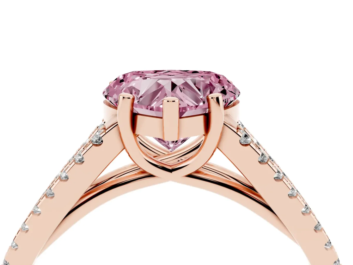 Fancy Pink Heart Cut Diamond Solitaire Engagement Ring with Split Shank Pavé Band Rose gold