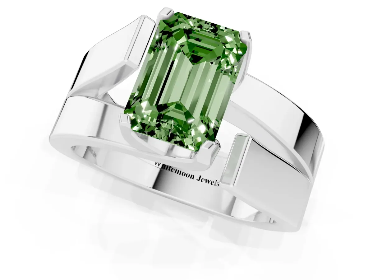 Fancy Green Modern Tension Set Emerald Cut Diamond Solitaire Wide Band Ring Silver