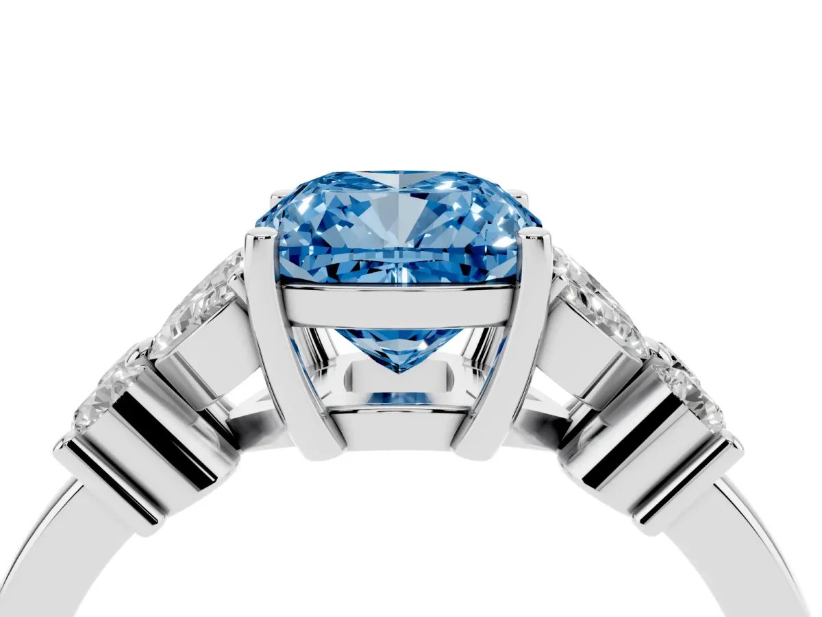 Fancy Blue Cushion Cut Diamond Floral Cluster Ring with Solitaire Band and Prong Setting Silver